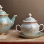 Tazas de porcelana delicadas con patrones florales y un ambiente cálido y acogedor