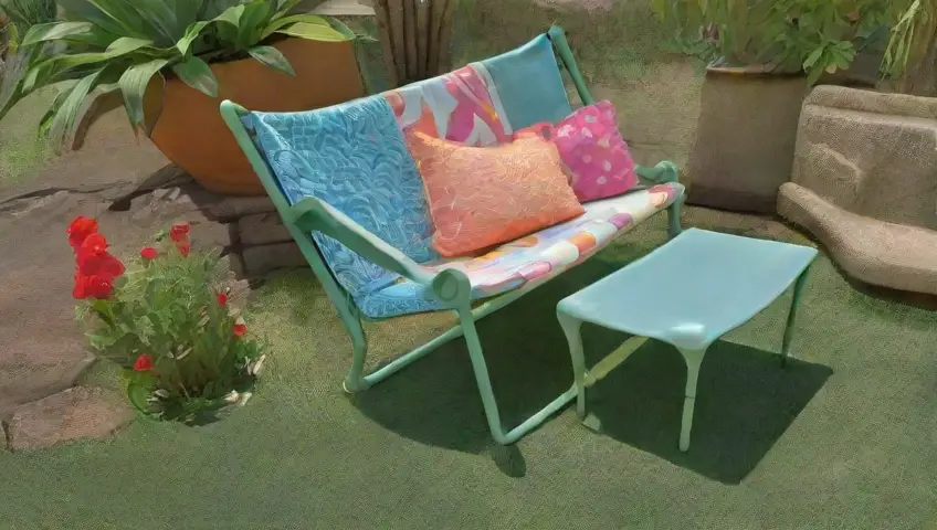 Un jardín vibrante con sillas cómodas, plantas enmarcando la escena y una atmósfera relajante