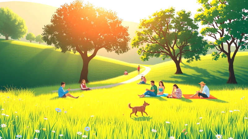 Un prado soleado irradia paz y comunidad