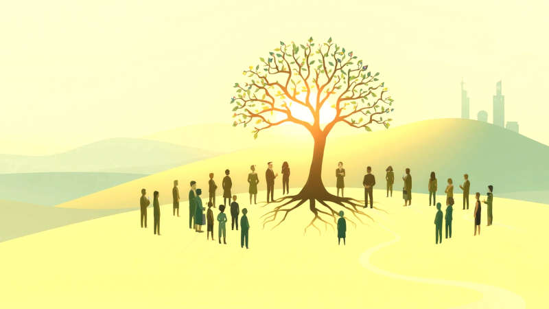 Ilustración esperanzadora de comunidad y crecimiento