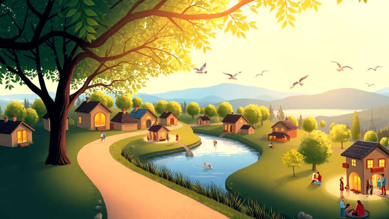 Un paisaje sereno evoca comunidad y crecimiento