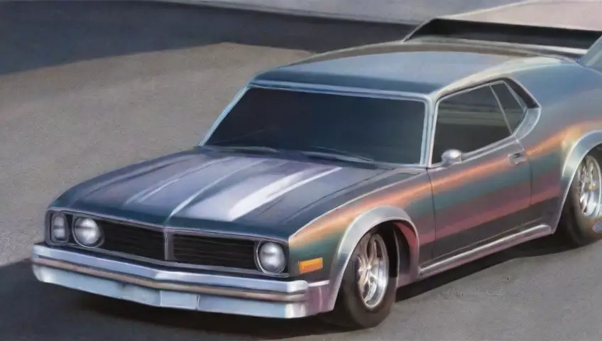 Dibujo detallado de un auto con capó abierto y sombras suaves, resaltando componentes mecánicos y un cielo degradado