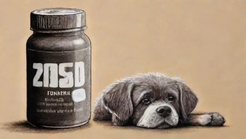 Silhouette de un perro con textura suave, rodeado de pastillas para el dolor en un fondo oscuro