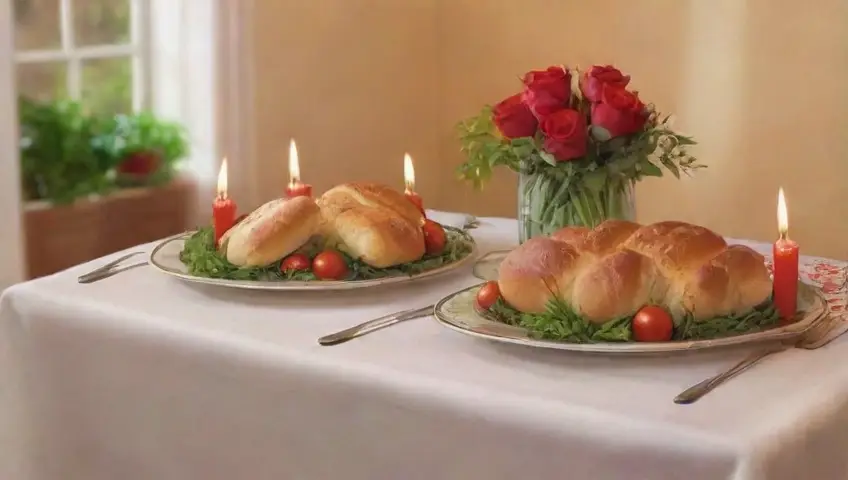 Una escena romántica y acogedora con velas, flores y una mesa elegantemente decorada