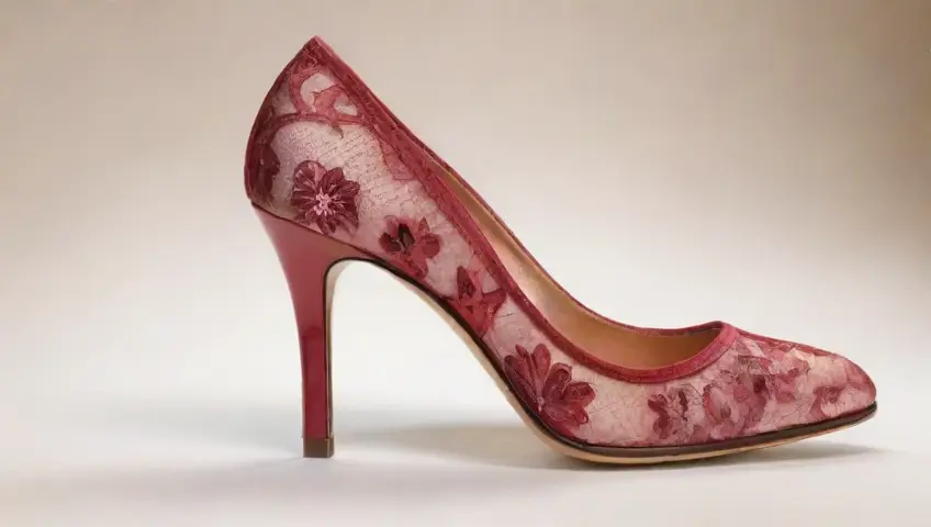 Un vestido rojo vibrante con detalles en encaje y tacones dorados evoca elegancia y movimiento en un fondo suave