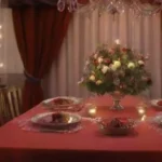 Una cena elegante se ilumina con suaves luces y armoniosos detalles