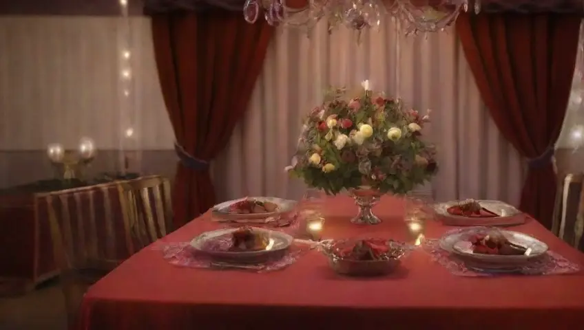 Una cena elegante se ilumina con suaves luces y armoniosos detalles