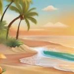 Escena de playa iluminada con arena dorada