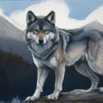 Un lobo majestuoso se erige con un pelaje detallado y un fondo montañoso que realza su misticismo