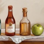 Una botella de alcohol de quemar brilla sobre una mesa de madera