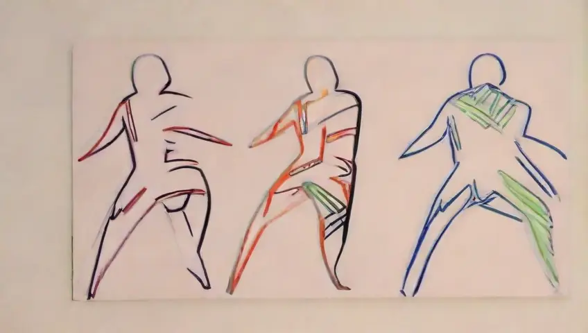 Un defibrilador central destaca entre sombras suaves y líneas caóticas, mostrando tensión en un paciente y personal médico en un entorno clínico colorido